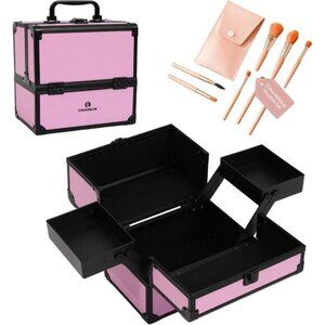 New Makeup Train Case, 2-Tray Lockable Travel Organizer for Cosmetics & Jewelry